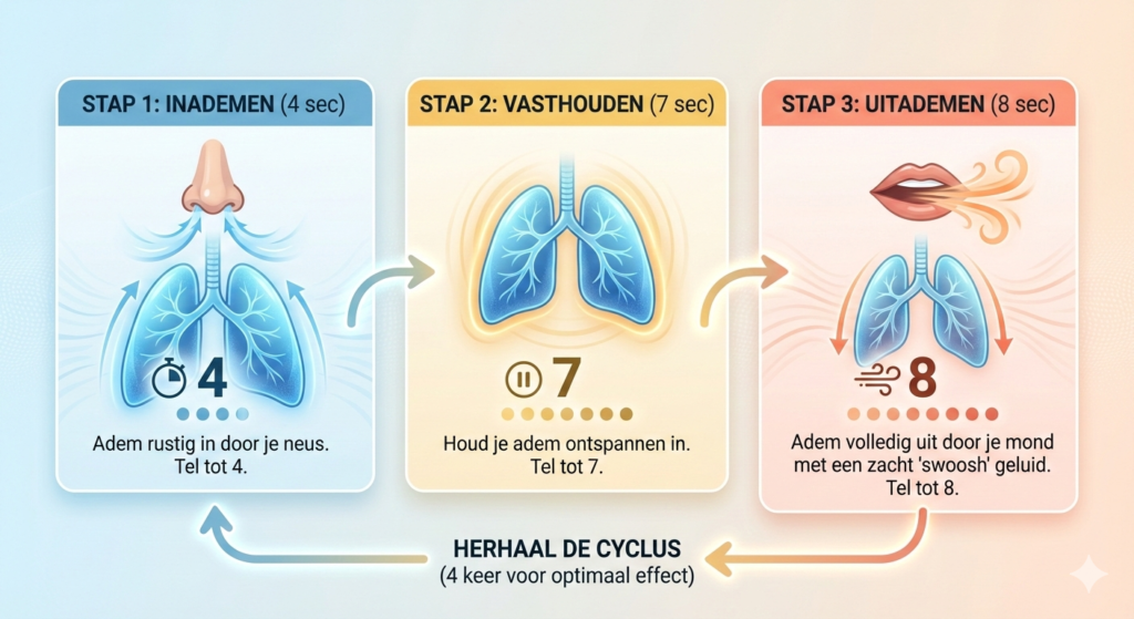  4-7-8 ademhalingstechniek tegen stress instructie diagram